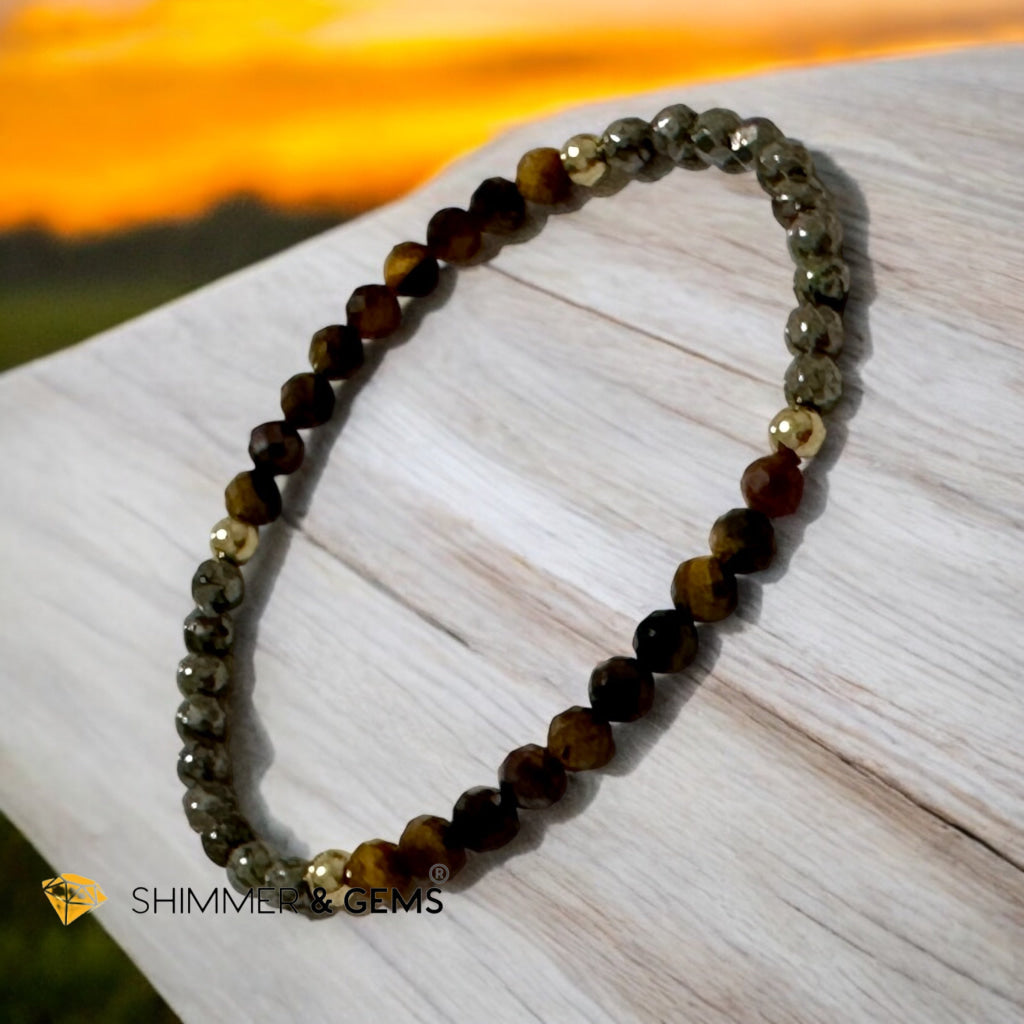 Business Triumph Bracelet (Tiger’s Eye and Pyrite 4mm faceted with Stainless Steel Beads)