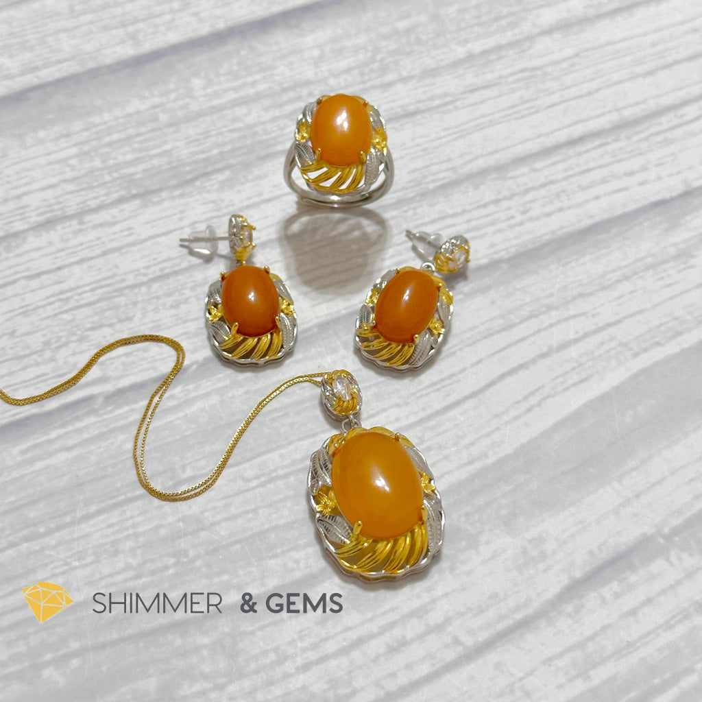 Butter Amber Jewelry Set (Ring, Earrings, Necklace) 925 Silver Gold