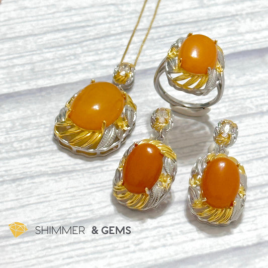 Butter Amber Jewelry Set (Ring, Earrings, Necklace) 925 Silver Gold