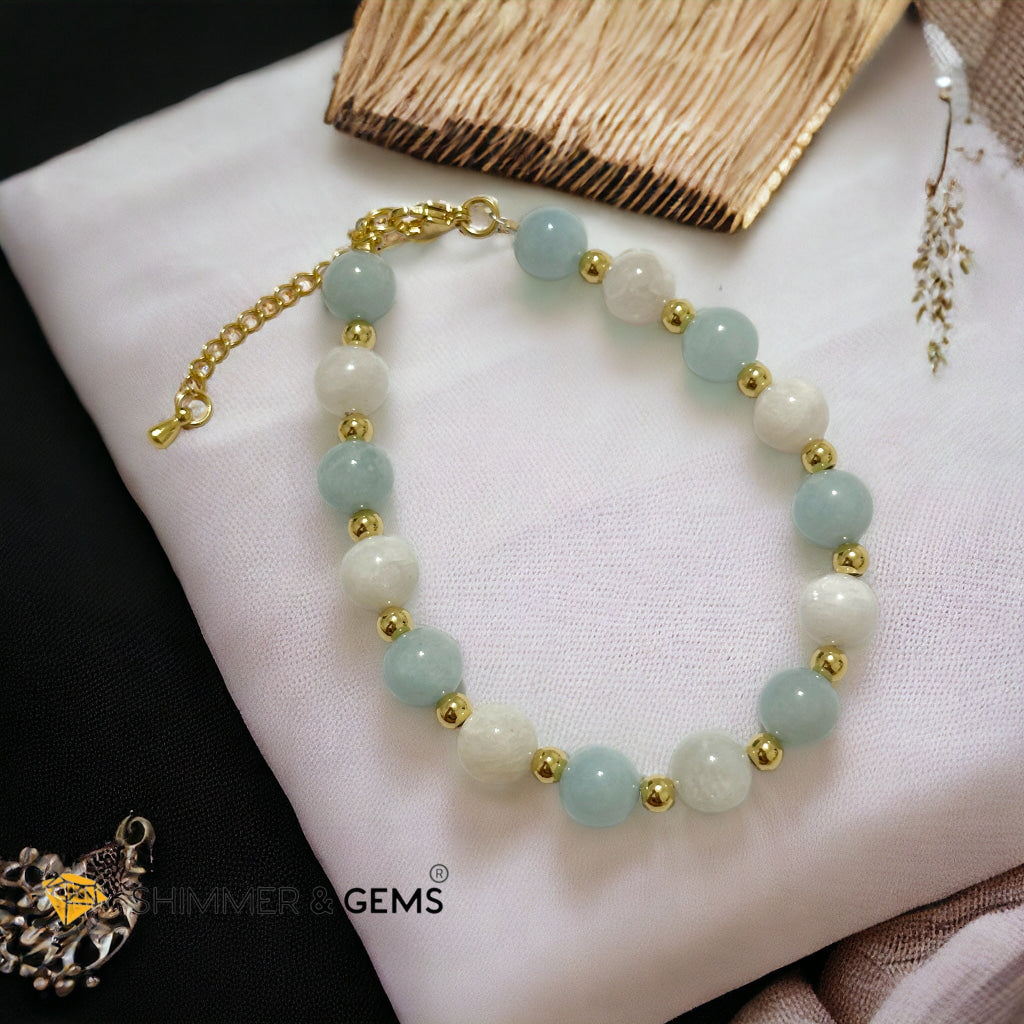 Calming Bracelet (Aquamarine, Moonstone 8mm with stainless steel chain and beads)