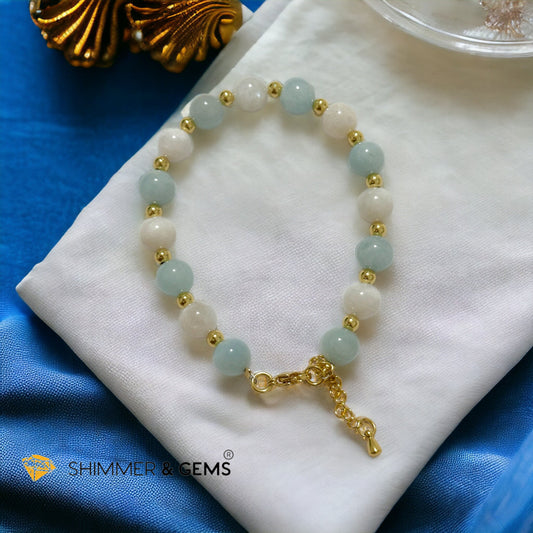 Calming Bracelet (Aquamarine, Moonstone 8mm with stainless steel chain and beads)