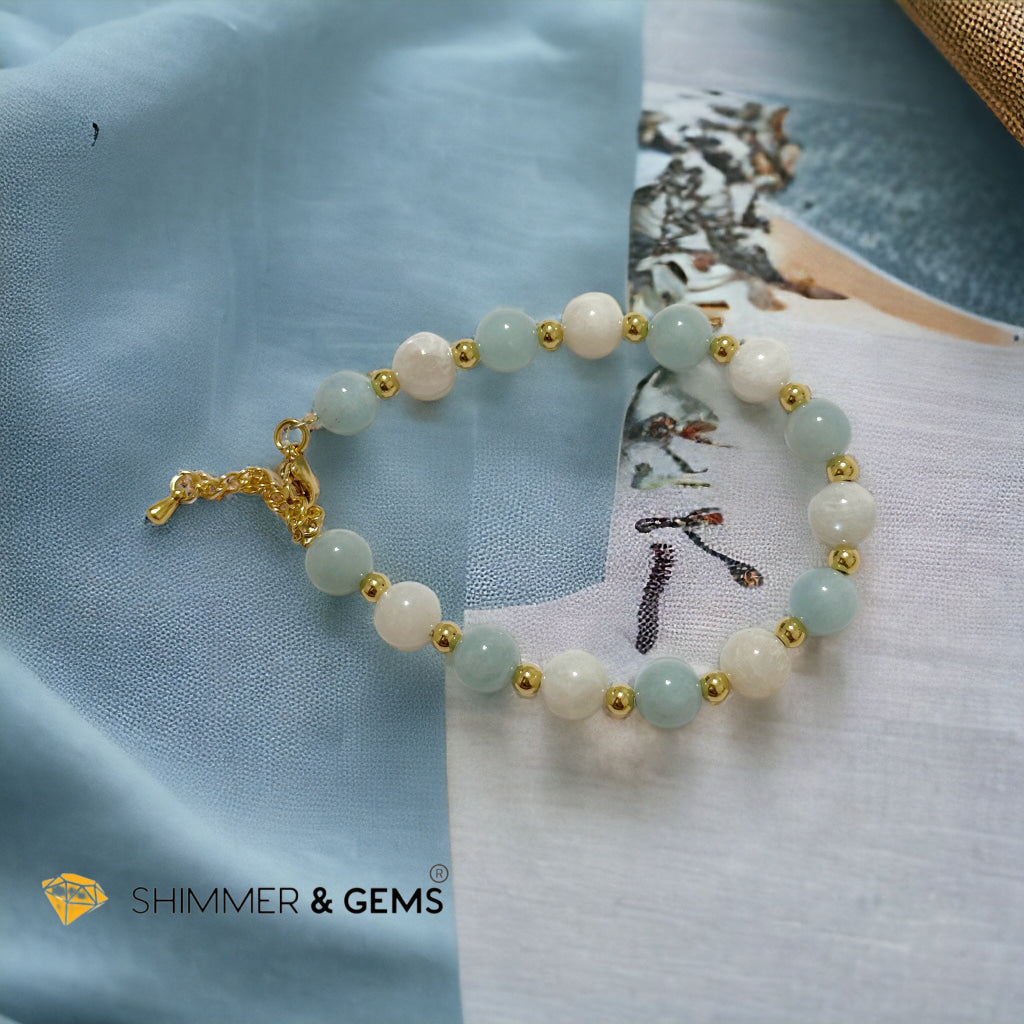 Calming Bracelet (Aquamarine, Moonstone 8mm with stainless steel chain and beads)