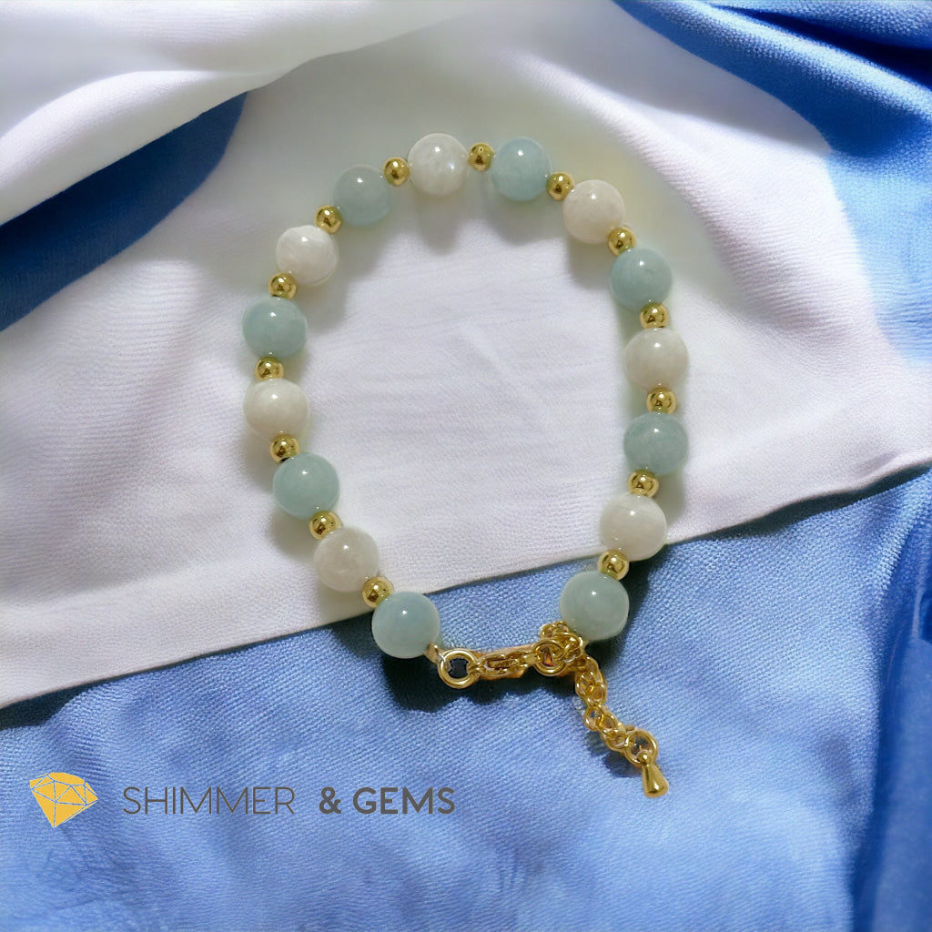 Calming Bracelet (Aquamarine, Moonstone 8mm with stainless steel chain and beads)