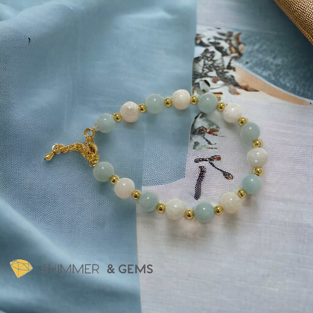 Calming Bracelet (Aquamarine, Moonstone 8mm with stainless steel chain and beads)