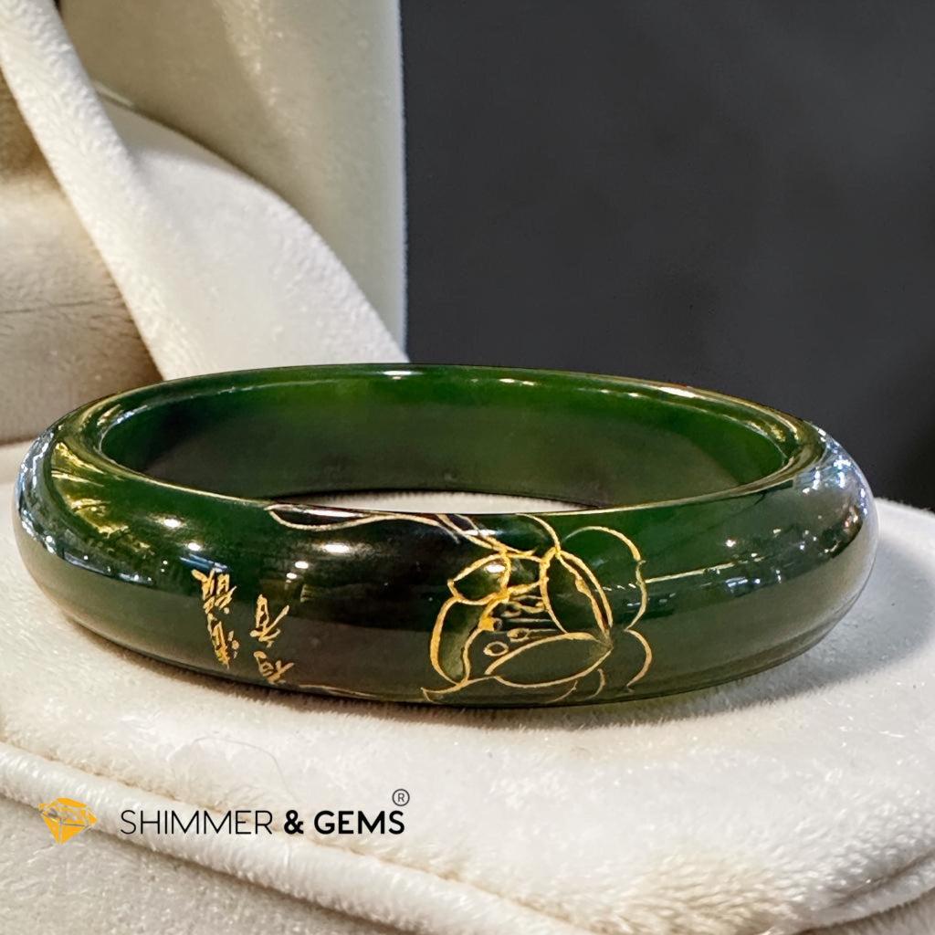 Canada Jade Lotus Engraved Bangle 58mm Dark Green