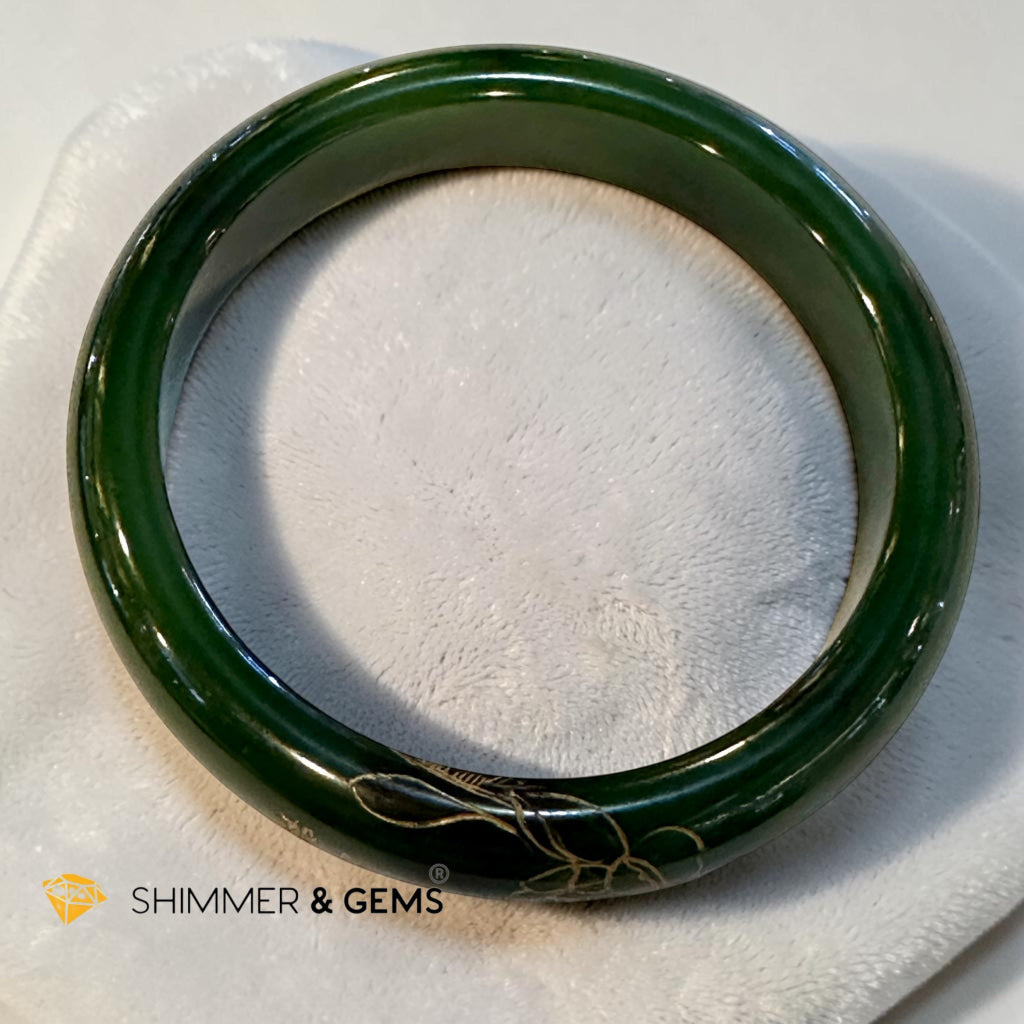 Canada Jade Lotus Engraved Bangle 58mm Dark Green