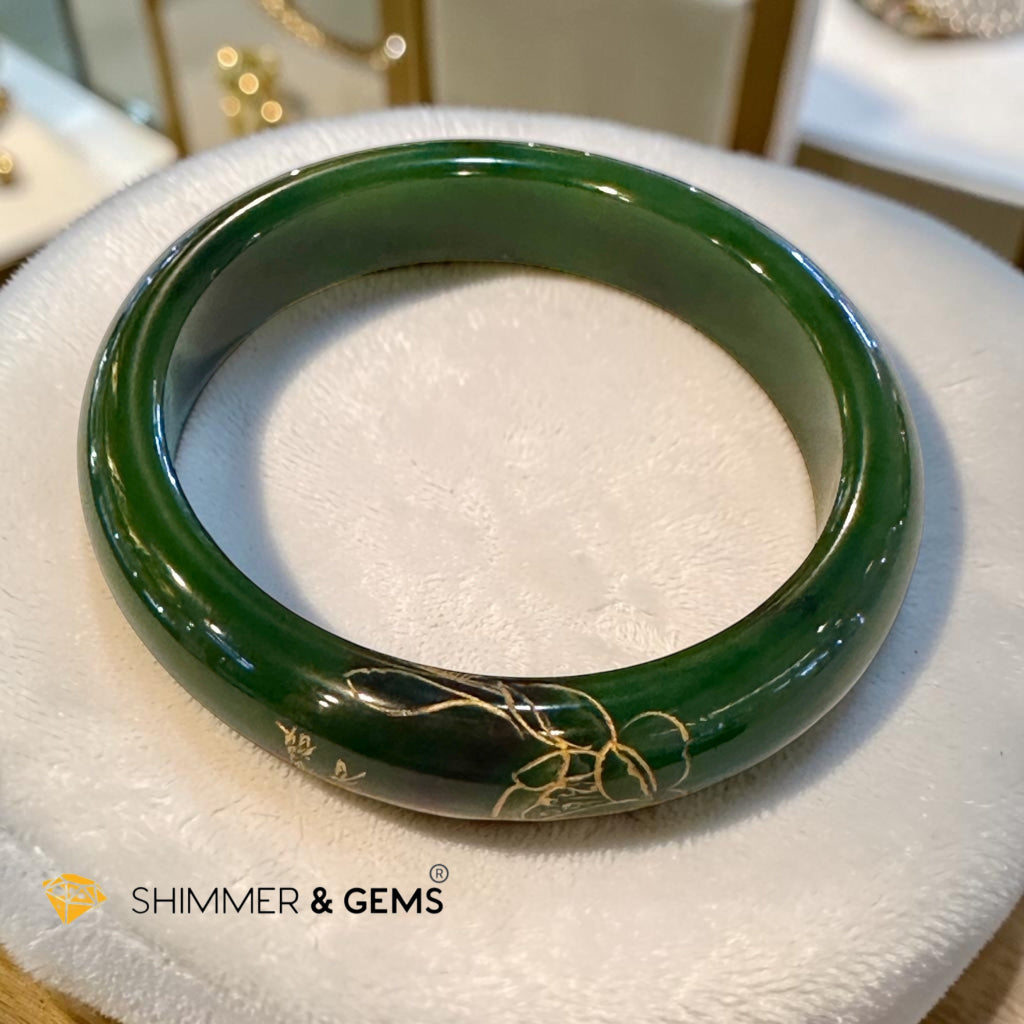 Canada Jade Lotus Engraved Bangle 58mm Dark Green