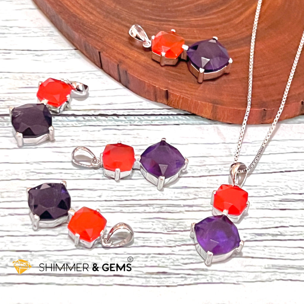 Carnelian & Amethyst 925 Silver Pendant (Double Stones) 20Mm Only