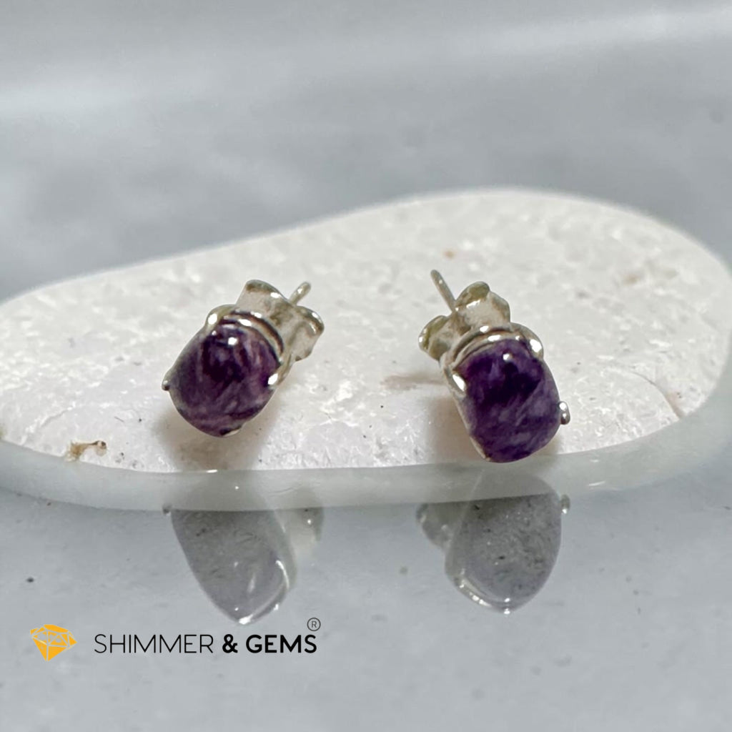 Charoite 6×8mm Oval 925 Silver Earrings
