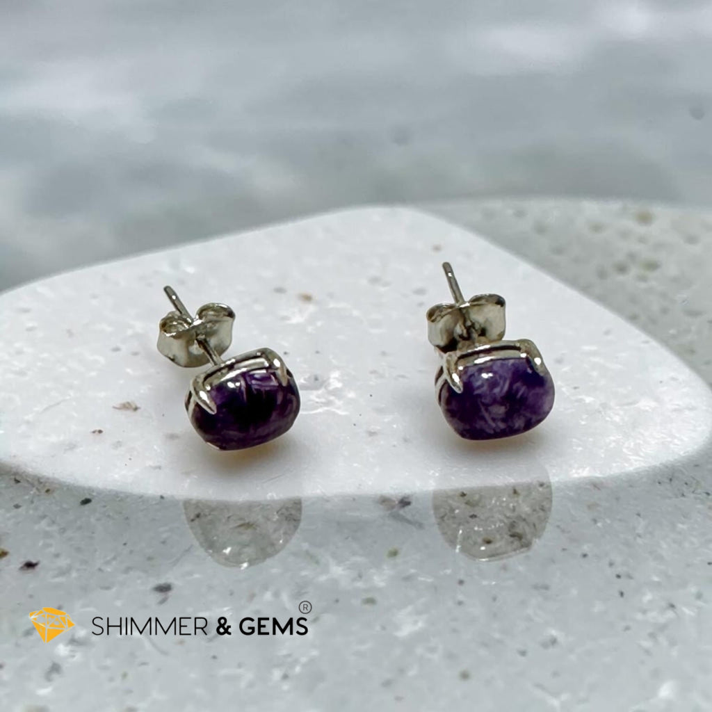 Charoite 6×8mm Oval 925 Silver Earrings