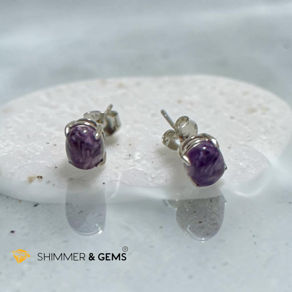 Charoite 6×8mm Oval 925 Silver Earrings