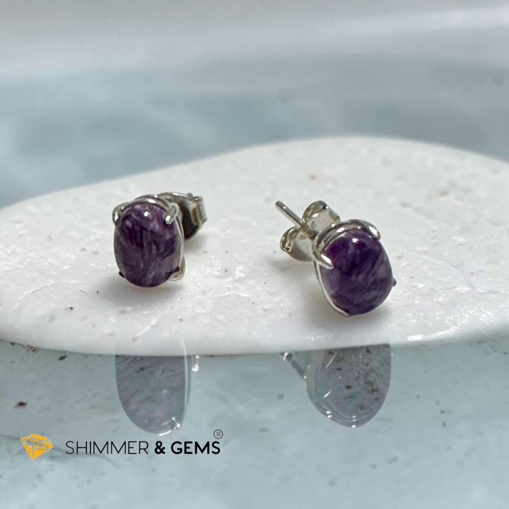 Charoite 6×8mm Oval 925 Silver Earrings