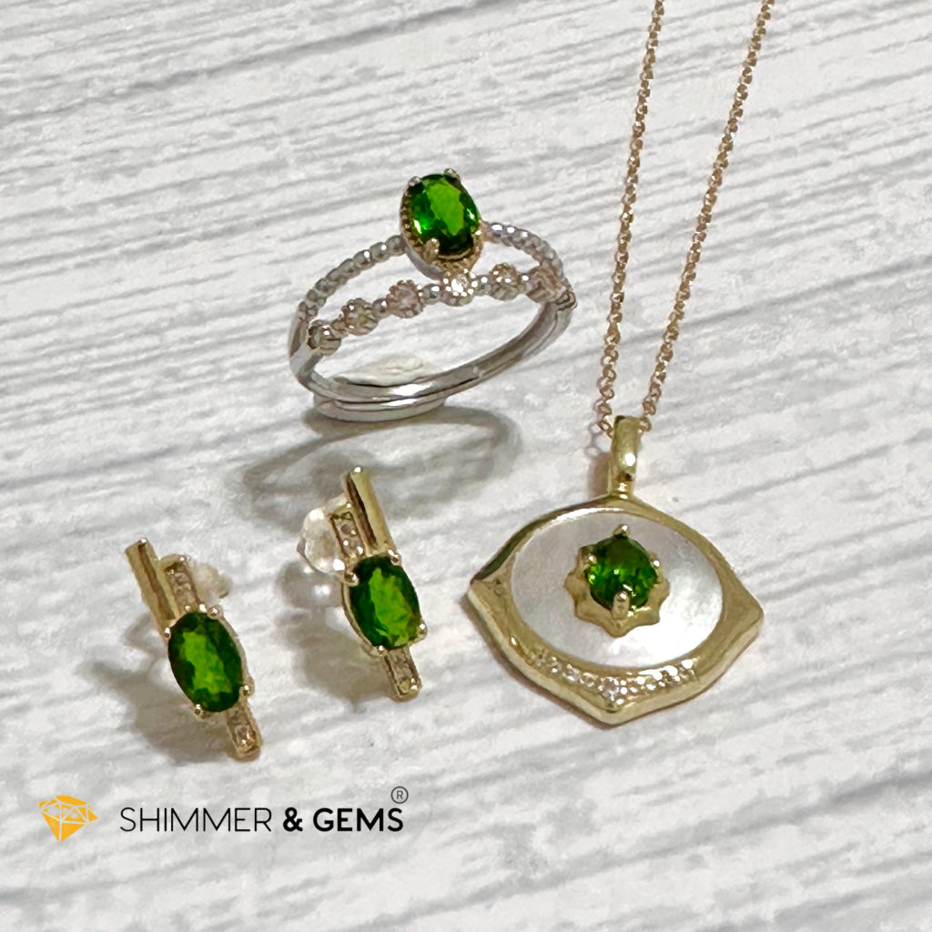 Chrome Diopside Jewelry Set 925 Silver/Yellow Gold (Earrings, Ring, Necklace)