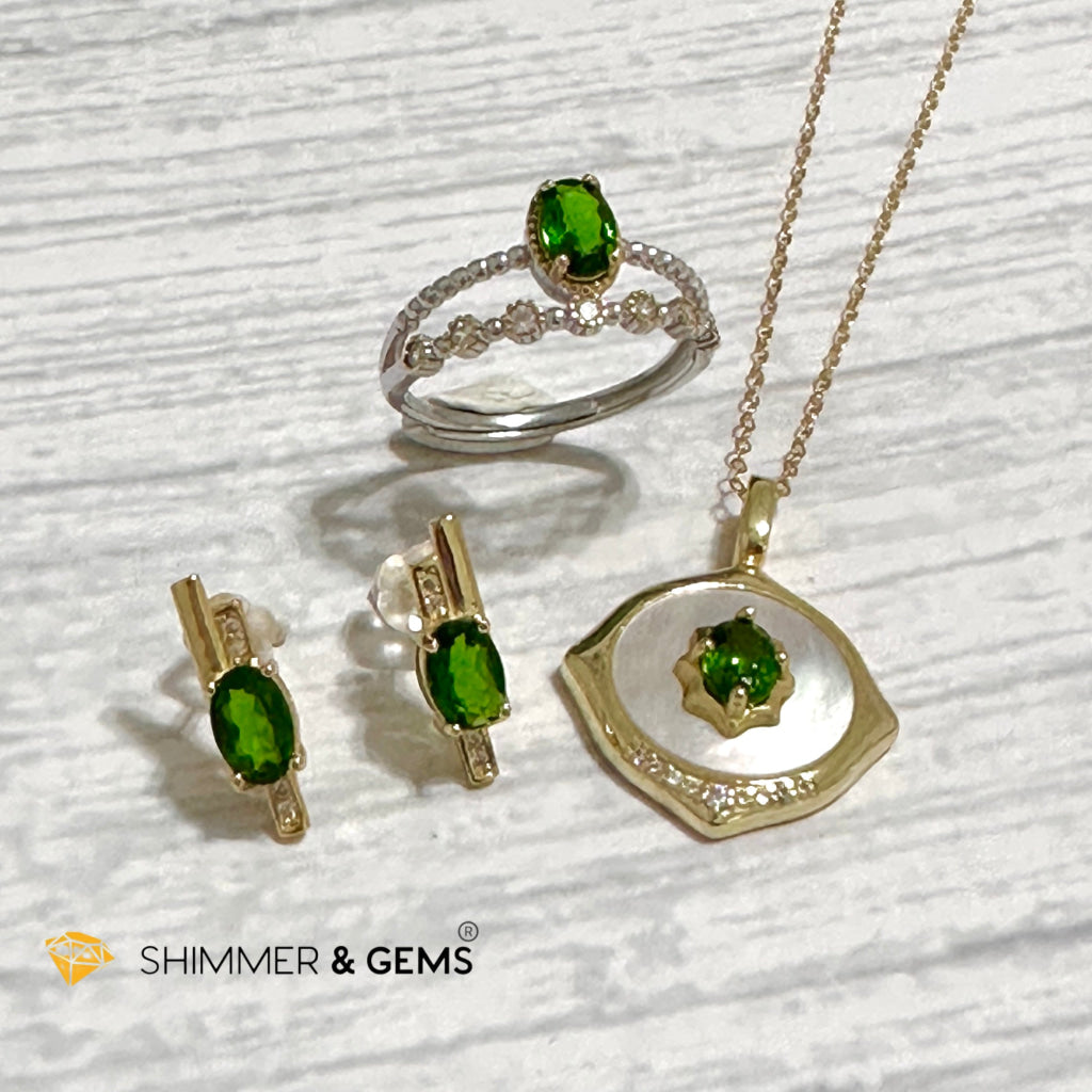 Chrome Diopside Jewelry Set 925 Silver/Yellow Gold (Earrings, Ring, Necklace)