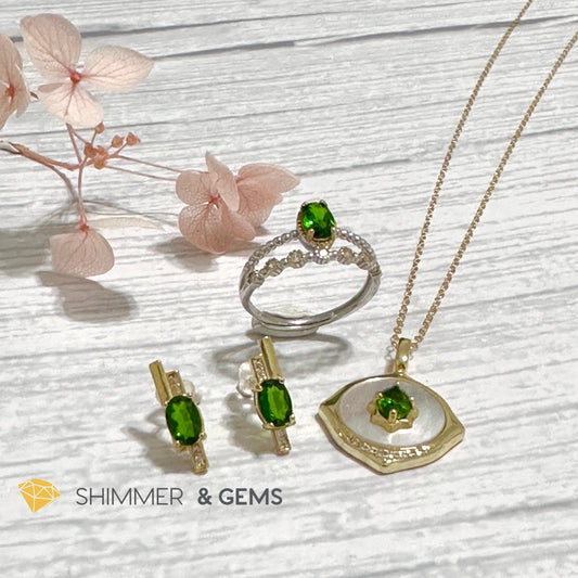 Chrome Diopside Jewelry Set 925 Silver/Yellow Gold (Earrings, Ring, Necklace)