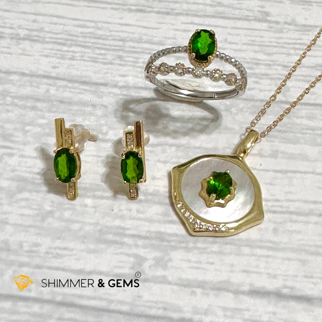 Chrome Diopside Jewelry Set 925 Silver/Yellow Gold (Earrings, Ring, Necklace)