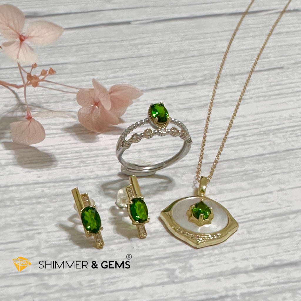 Chrome Diopside Jewelry Set 925 Silver/Yellow Gold (Earrings, Ring, Necklace)