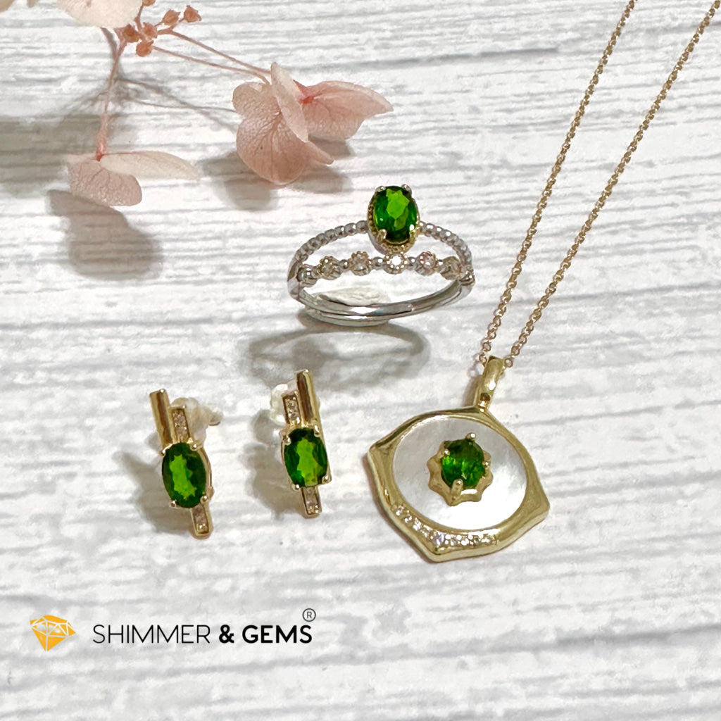 Chrome Diopside Jewelry Set 925 Silver/Yellow Gold (Earrings, Ring, Necklace)