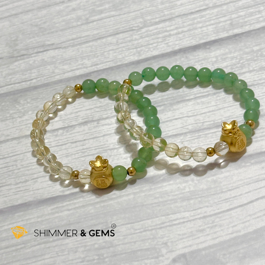 Citrine and Aventurine Money Bag Bracelet 6mm (24K Gold Filled Brass)