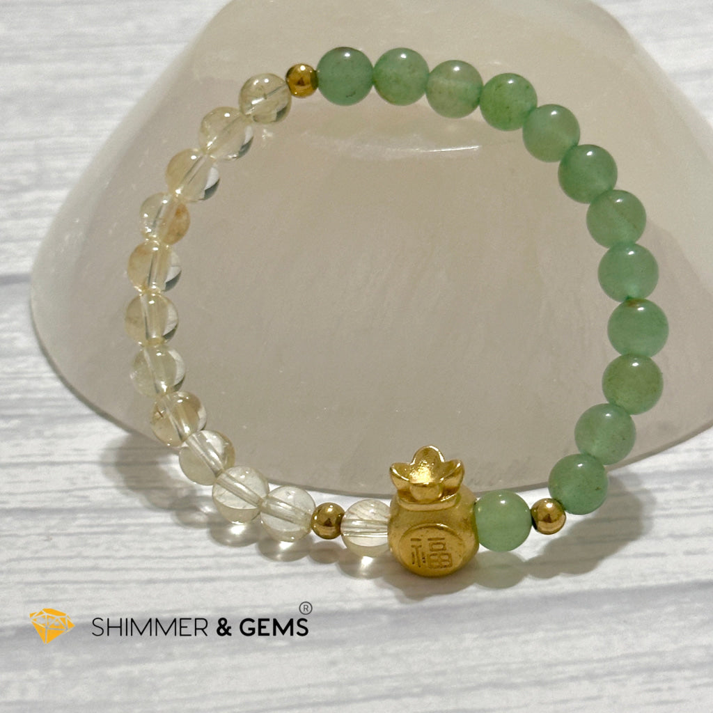 Citrine and Aventurine Money Bag Bracelet 6mm (24K Gold Filled Brass)