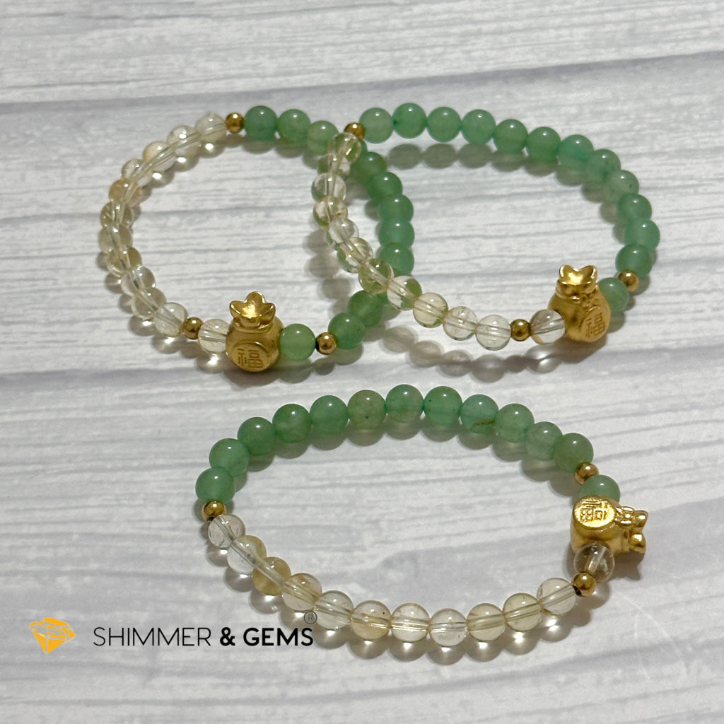Citrine and Aventurine Money Bag Bracelet 6mm (24K Gold Filled Brass)