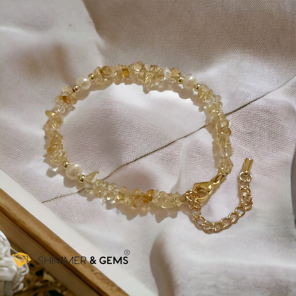 Citrine Chips with Freshwater Pearl Bracelet in Stainless steel Chain (Adjustable 6”-7.5”)