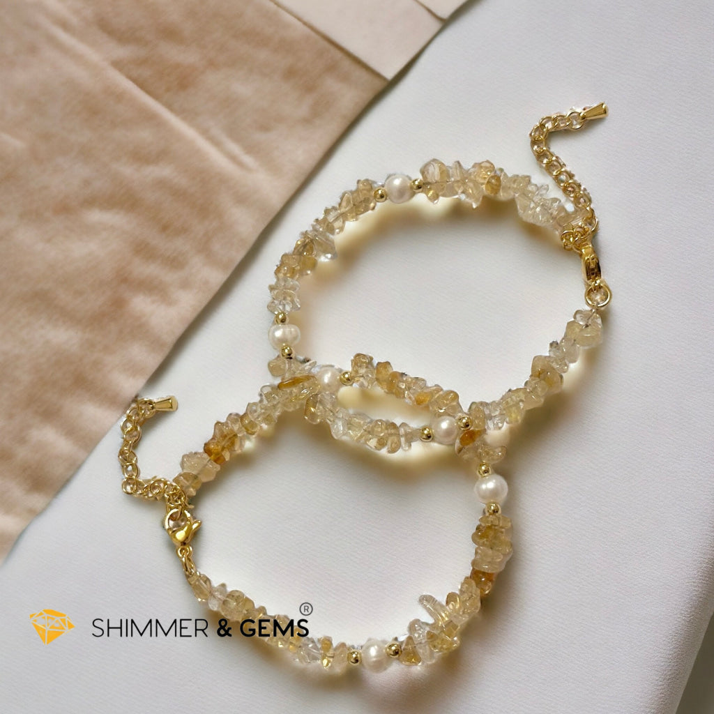 Citrine Chips with Freshwater Pearl Bracelet in Stainless steel Chain (Adjustable 6”-7.5”)