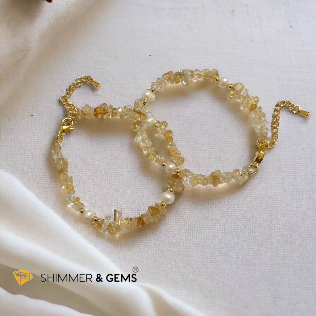 Citrine Chips with Freshwater Pearl Bracelet in Stainless steel Chain (Adjustable 6”-7.5”)