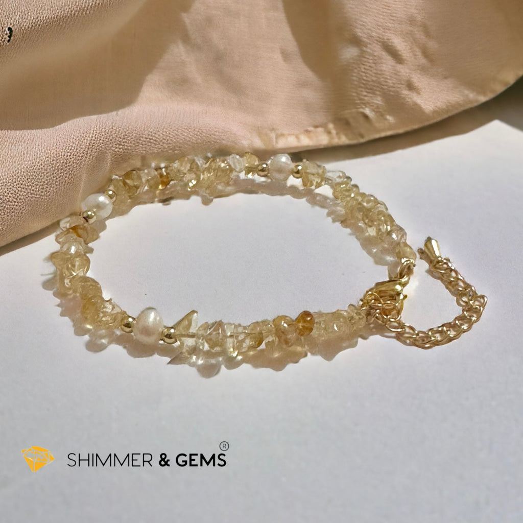 Citrine Chips with Freshwater Pearl Bracelet in Stainless steel Chain (Adjustable 6”-7.5”)