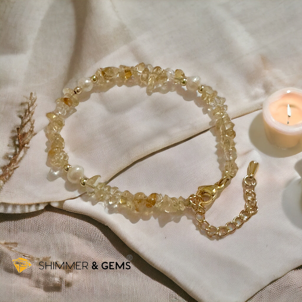 Citrine Chips with Freshwater Pearl Bracelet in Stainless steel Chain (Adjustable 6”-7.5”)