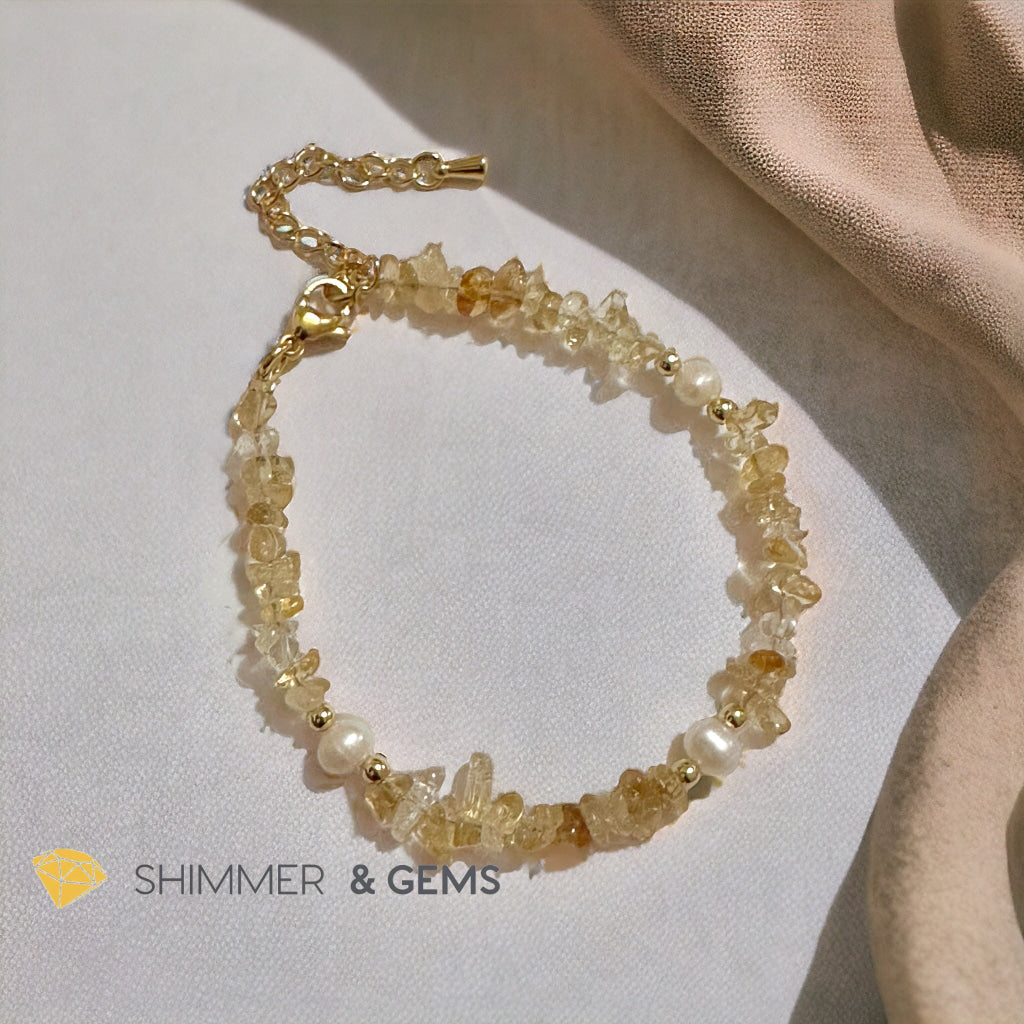 Citrine Chips with Freshwater Pearl Bracelet in Stainless steel Chain (Adjustable 6”-7.5”)