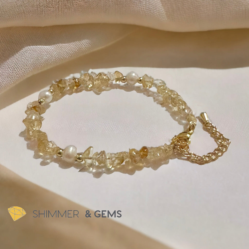 Citrine Chips with Freshwater Pearl Bracelet in Stainless steel Chain (Adjustable 6”-7.5”)