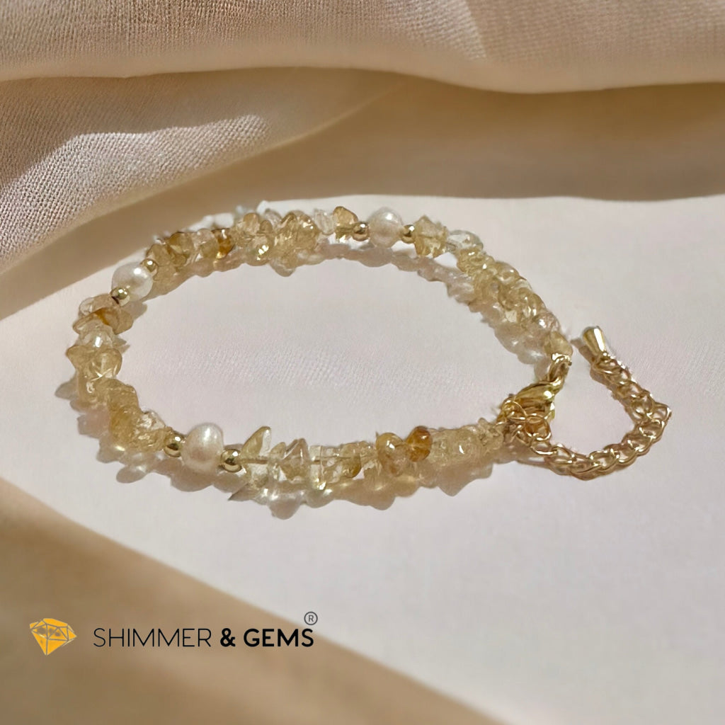 Citrine Chips with Freshwater Pearl Bracelet in Stainless steel Chain (Adjustable 6”-7.5”)