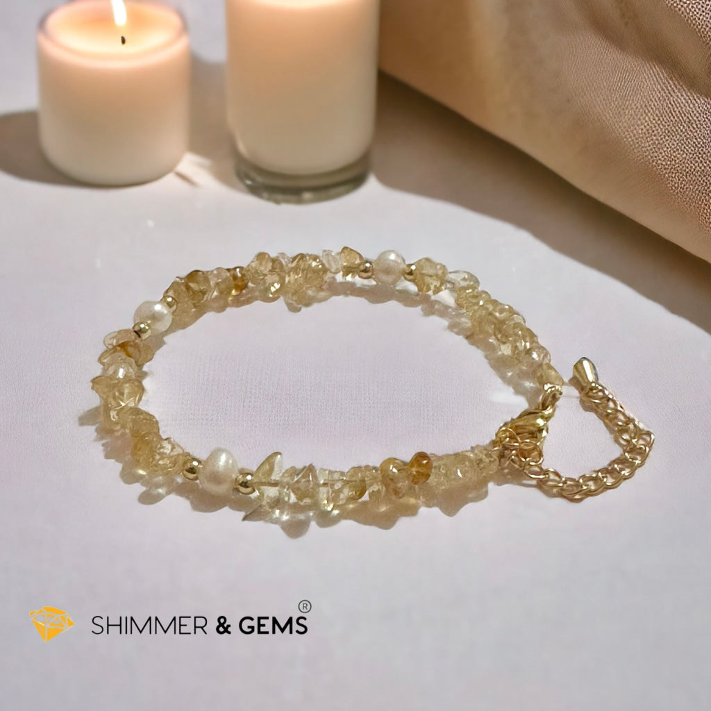 Citrine Chips with Freshwater Pearl Bracelet in Stainless steel Chain (Adjustable 6”-7.5”)