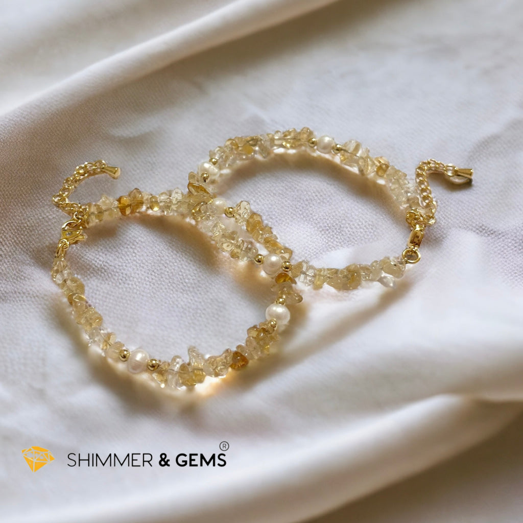 Citrine Chips with Freshwater Pearl Bracelet in Stainless steel Chain (Adjustable 6”-7.5”)