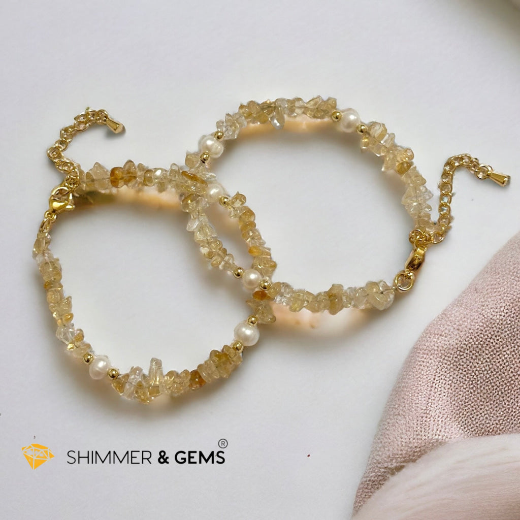 Citrine Chips with Freshwater Pearl Bracelet in Stainless steel Chain (Adjustable 6”-7.5”)