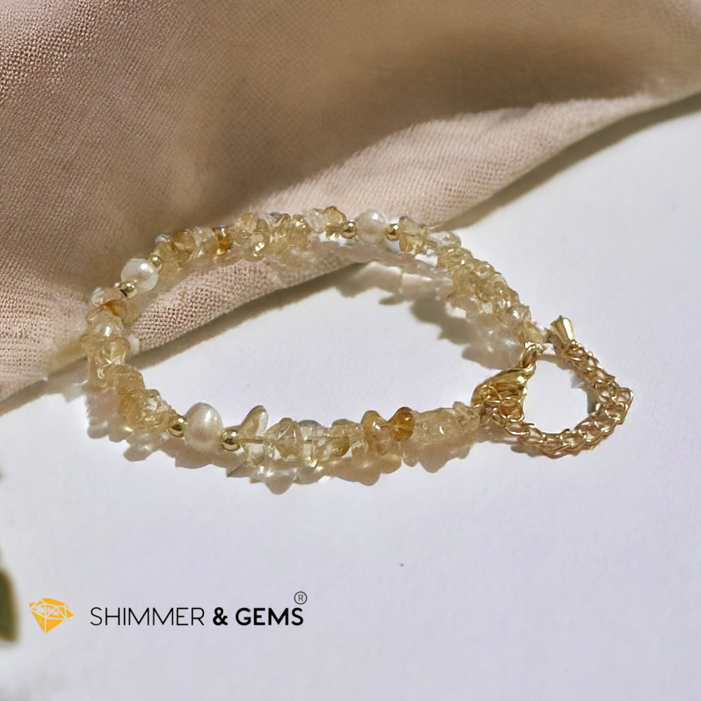 Citrine Chips with Freshwater Pearl Bracelet in Stainless steel Chain (Adjustable 6”-7.5”)