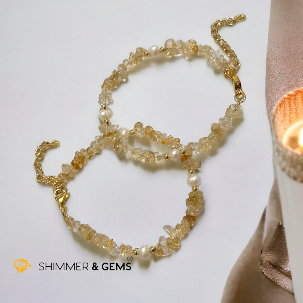 Citrine Chips with Freshwater Pearl Bracelet in Stainless steel Chain (Adjustable 6”-7.5”)