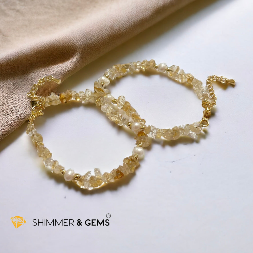 Citrine Chips with Freshwater Pearl Bracelet in Stainless steel Chain (Adjustable 6”-7.5”)