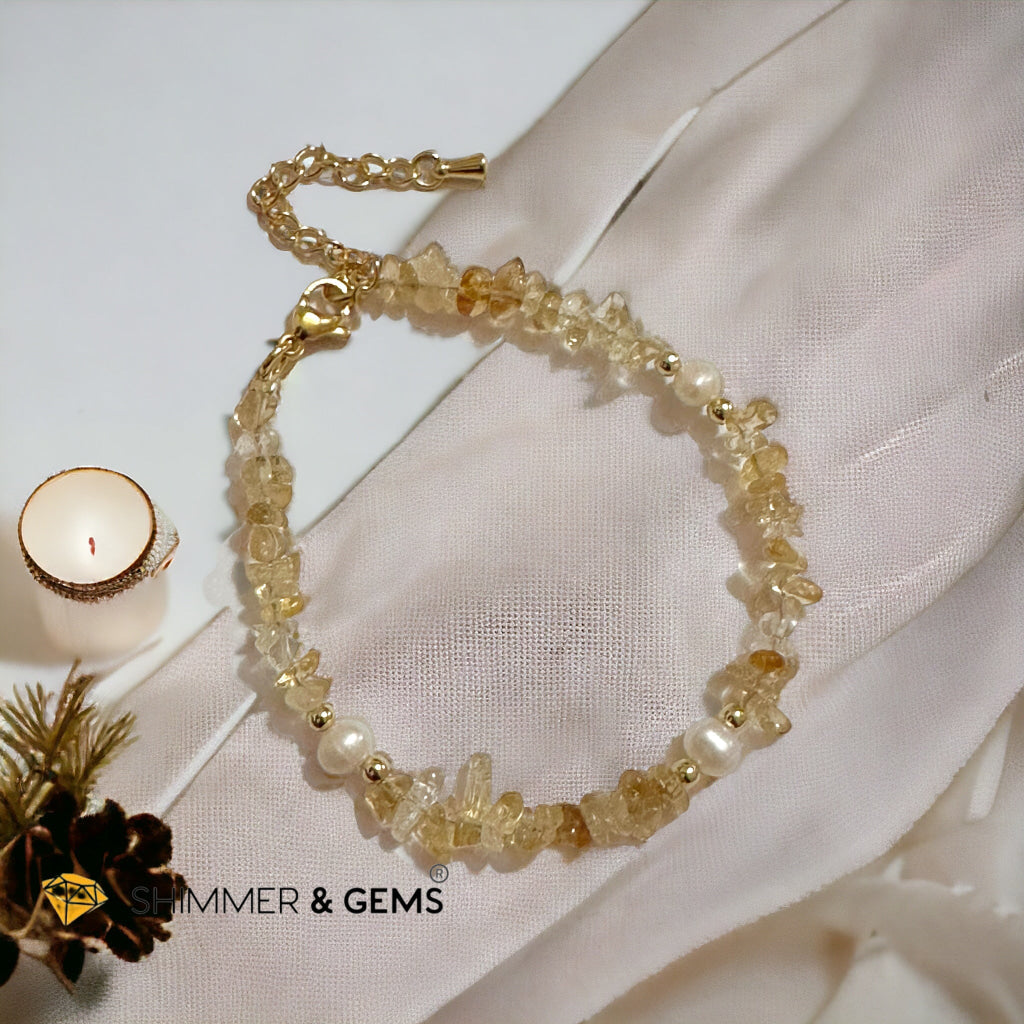 Citrine Chips with Freshwater Pearl Bracelet in Stainless steel Chain (Adjustable 6”-7.5”)