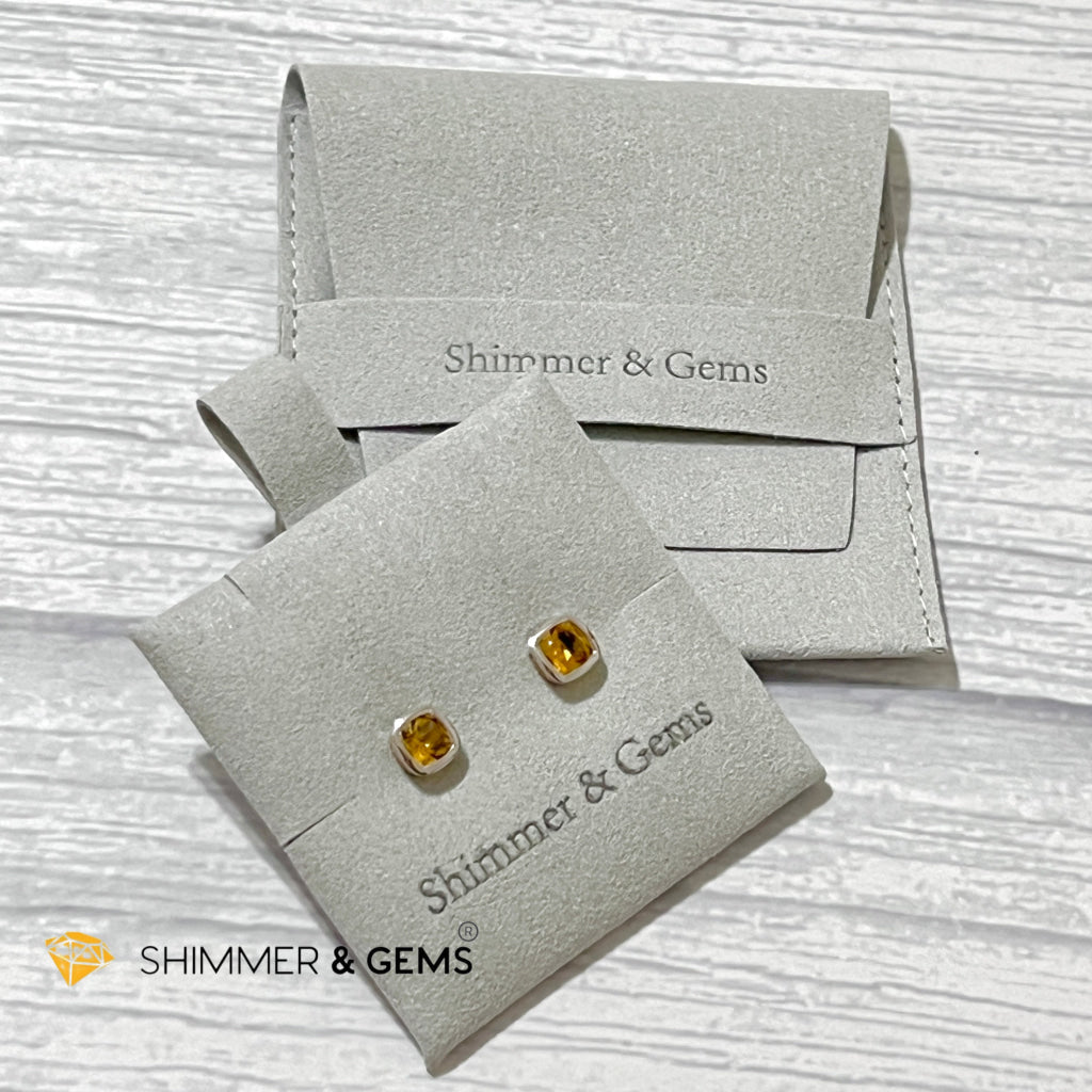 Citrine Square 5X5Mm Brilliant Bezel 925 Silver Earrings