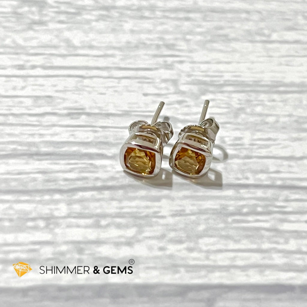 Citrine Square 5X5Mm Brilliant Bezel 925 Silver Earrings