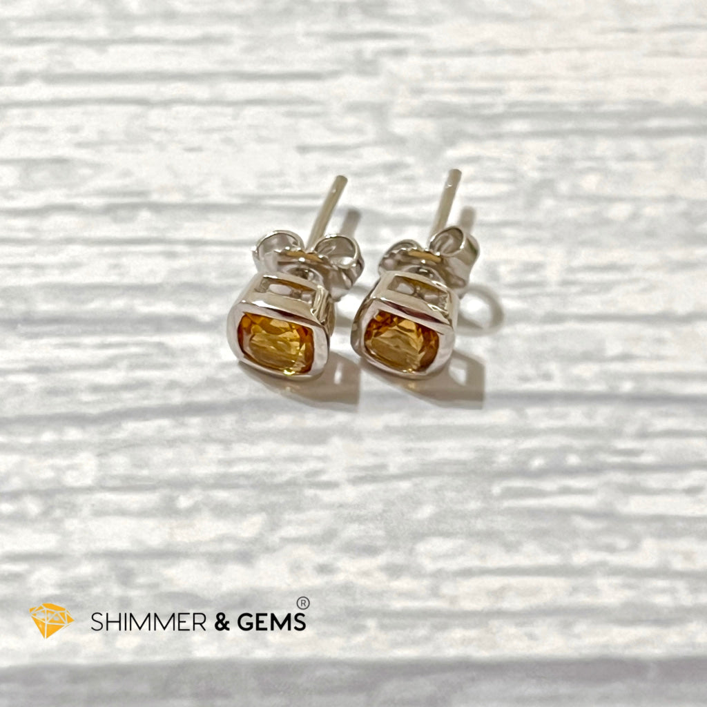 Citrine Square 5X5Mm Brilliant Bezel 925 Silver Earrings