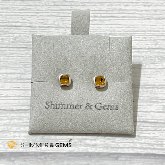 Citrine Square 5X5Mm Brilliant Bezel 925 Silver Earrings