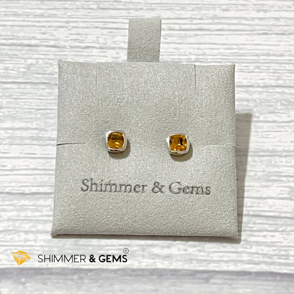 Citrine Square 5X5Mm Brilliant Bezel 925 Silver Earrings