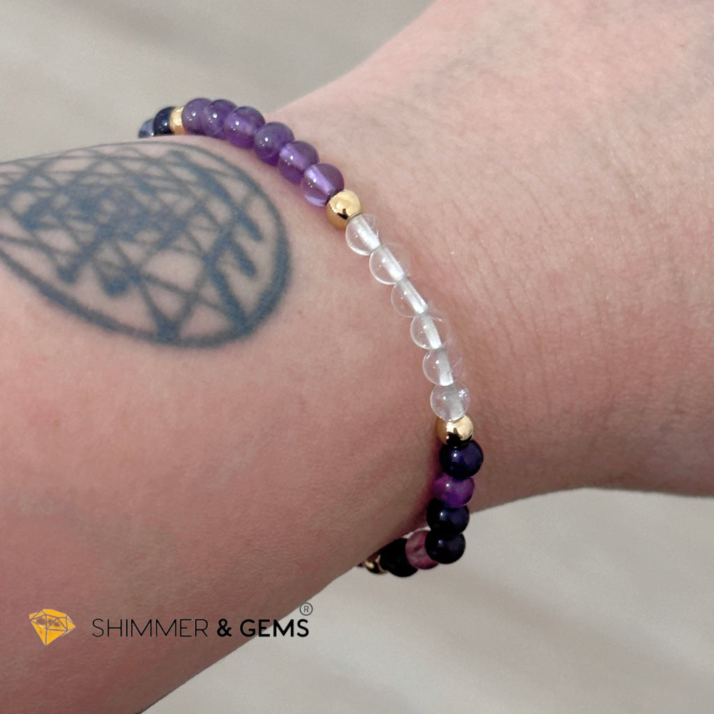 Crown Chakra Positivity Remedy Bracelet 4mm with stainless steel beads (Amethyst, Clear Quartz & Purple Agate)