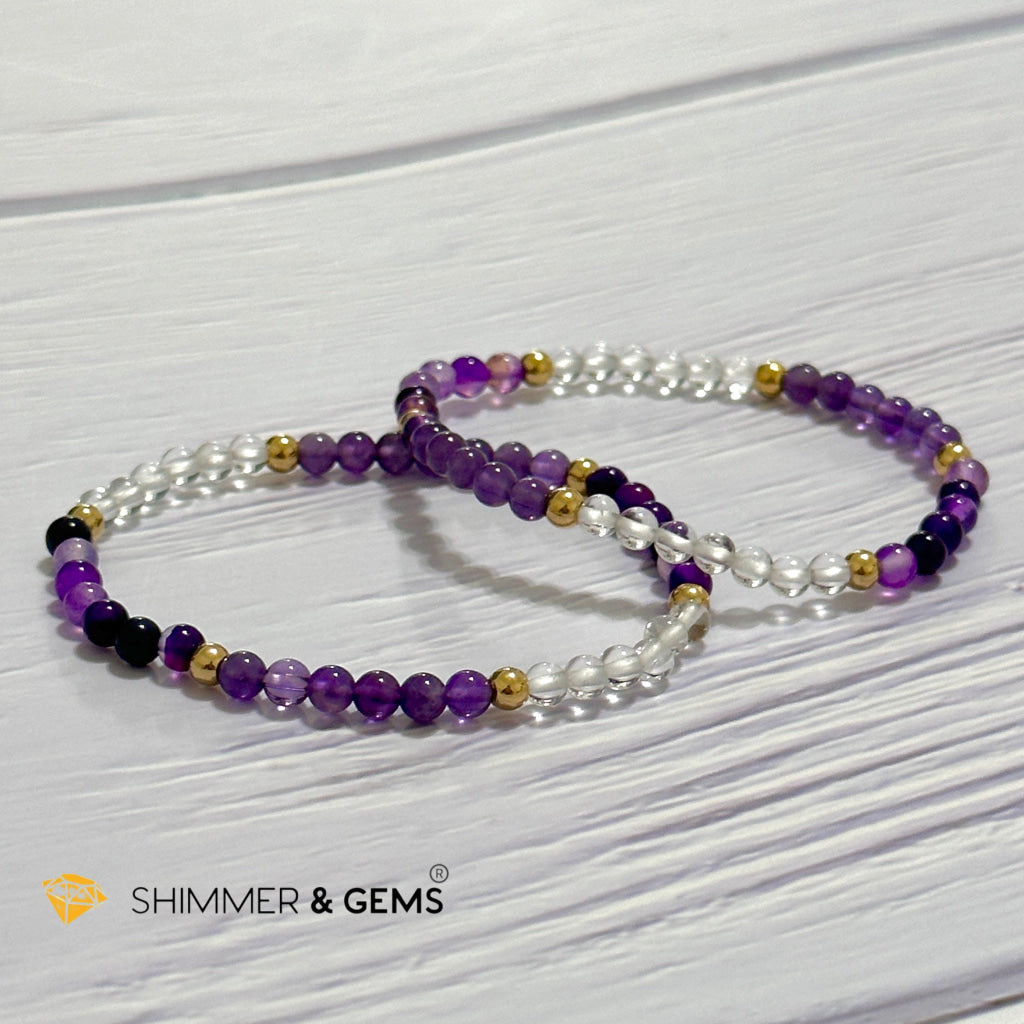 Crown Chakra Positivity Remedy Bracelet 4mm with stainless steel beads (Amethyst, Clear Quartz & Purple Agate)