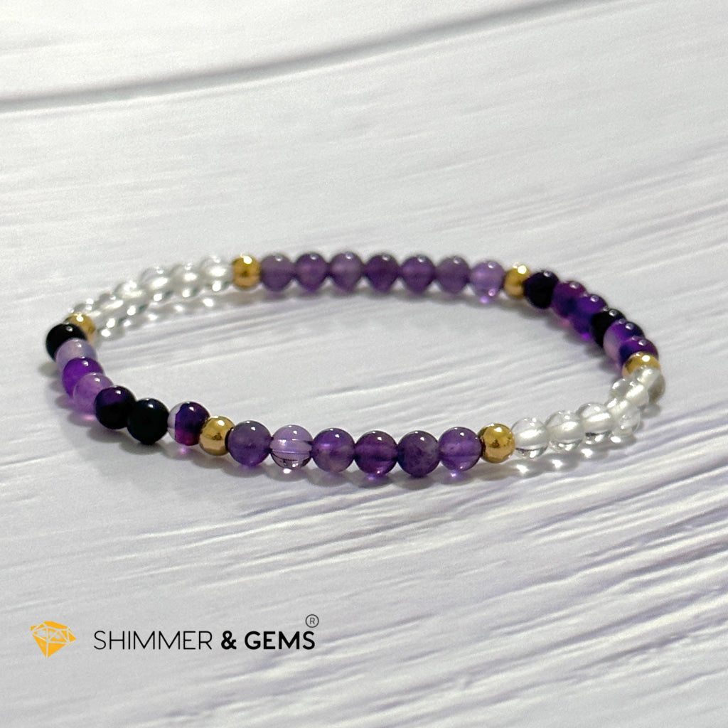 Crown Chakra Positivity Remedy Bracelet 4mm with stainless steel beads (Amethyst, Clear Quartz & Purple Agate)