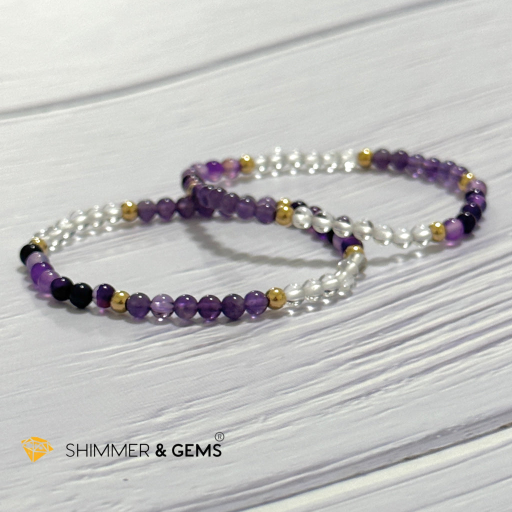 Crown Chakra Positivity Remedy Bracelet 4mm with stainless steel beads (Amethyst, Clear Quartz & Purple Agate)