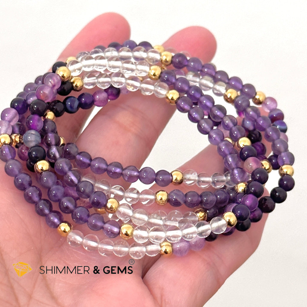 Crown Chakra Positivity Remedy Bracelet 4mm with stainless steel beads (Amethyst, Clear Quartz & Purple Agate)